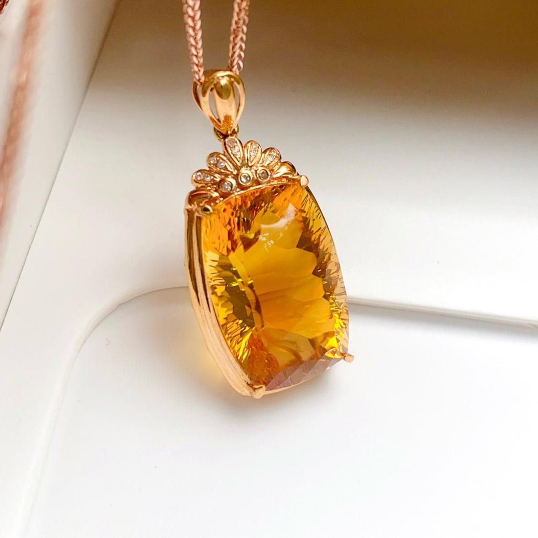 14k Gold 19.05 Ct Natural Citrine & Diamond Pendant( Without Chain ) - 2