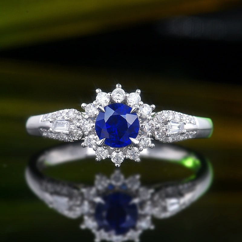 14k Gold 0.88 Ctw Natural Sapphire & Diamond Ring: Ref:231166109 // gold content:14k gold // ring size:7. 25us // // main gemstone:sapphire // shape:round // carat weight:0. 61ct // color:blue // treatment:natural // // adjacent gemstone 2 : diamond