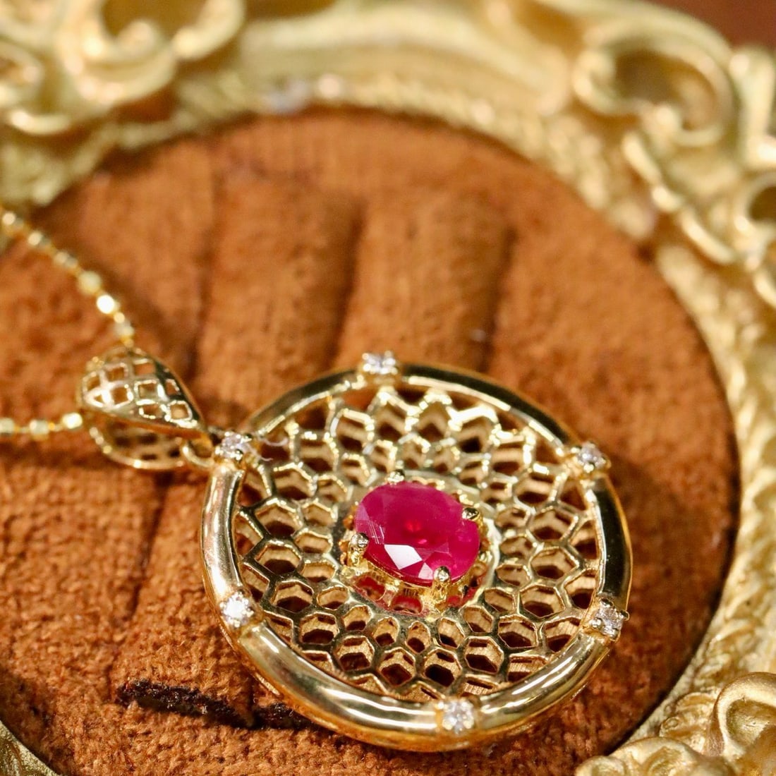 14k Gold 0.37 Ctw Natural Ruby & Diamond Pendant( Without Chain ) - 2