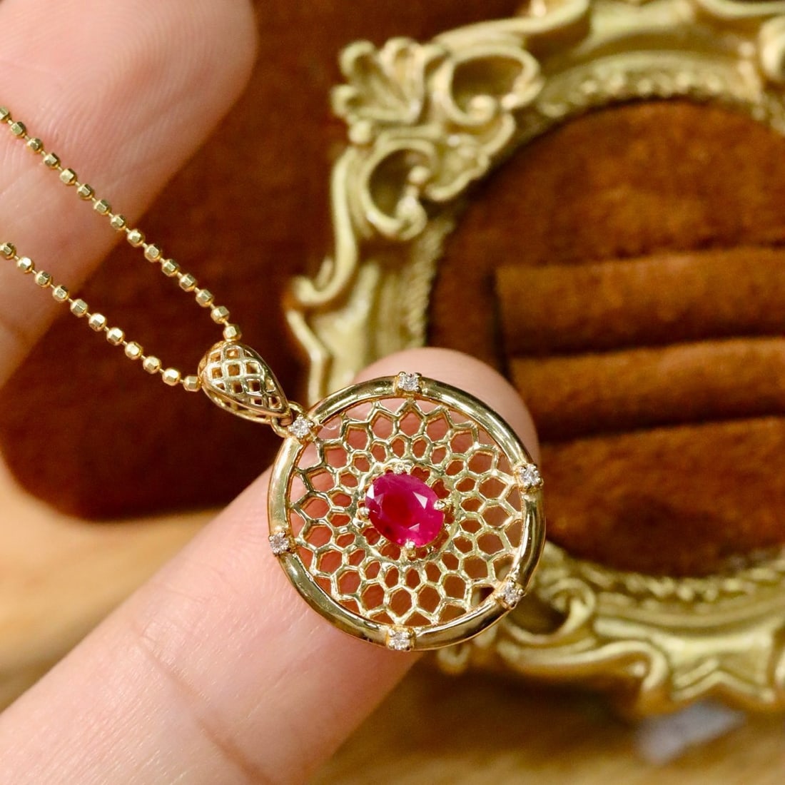 14k Gold 0.37 Ctw Natural Ruby & Diamond Pendant( Without Chain ) - 3
