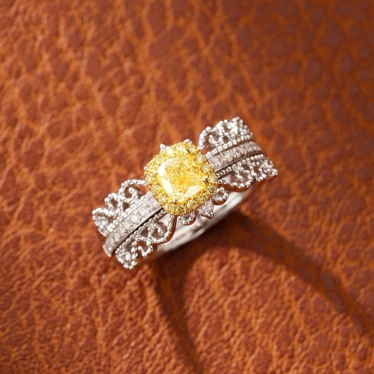 14k Gold 0.72 Ctw Natural Yellow Diamond & Diamond Ring: Ref:231166117 // gold content:14k gold // ring size:7. 25us // // main gemstone:yellow diamond // shape:cushion // carat weight:0. 51ct // color:yellow // treatment:natural // // adjacent gemstone 2