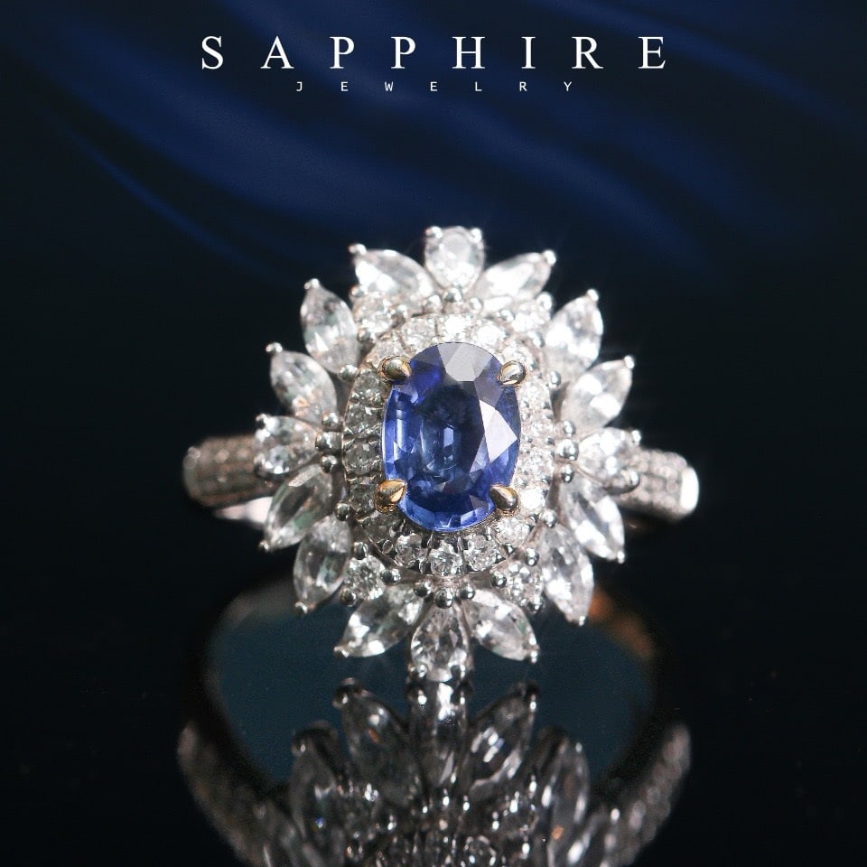 14k Gold 1.22 Ctw Natural Sapphire & Diamond Ring: Ref:231166130 // gold content:14k gold // ring size:7. 25us // // main gemstone:sapphire // shape:oval // carat weight:0. 9ct // color:blue // treatment:natural // // adjacent gemstone 2 : diamond //
