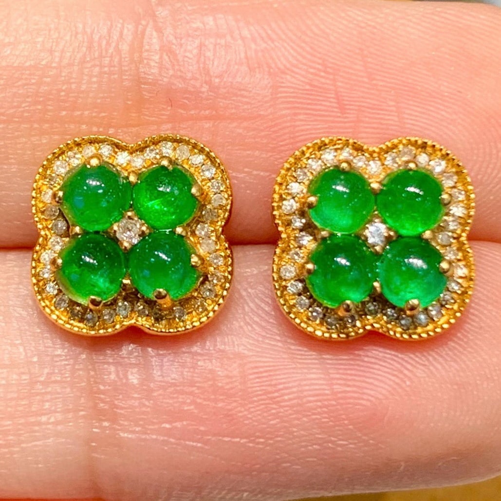 14k Gold 1.3 Ct Natural Emerald & Diamond Earrings - 2