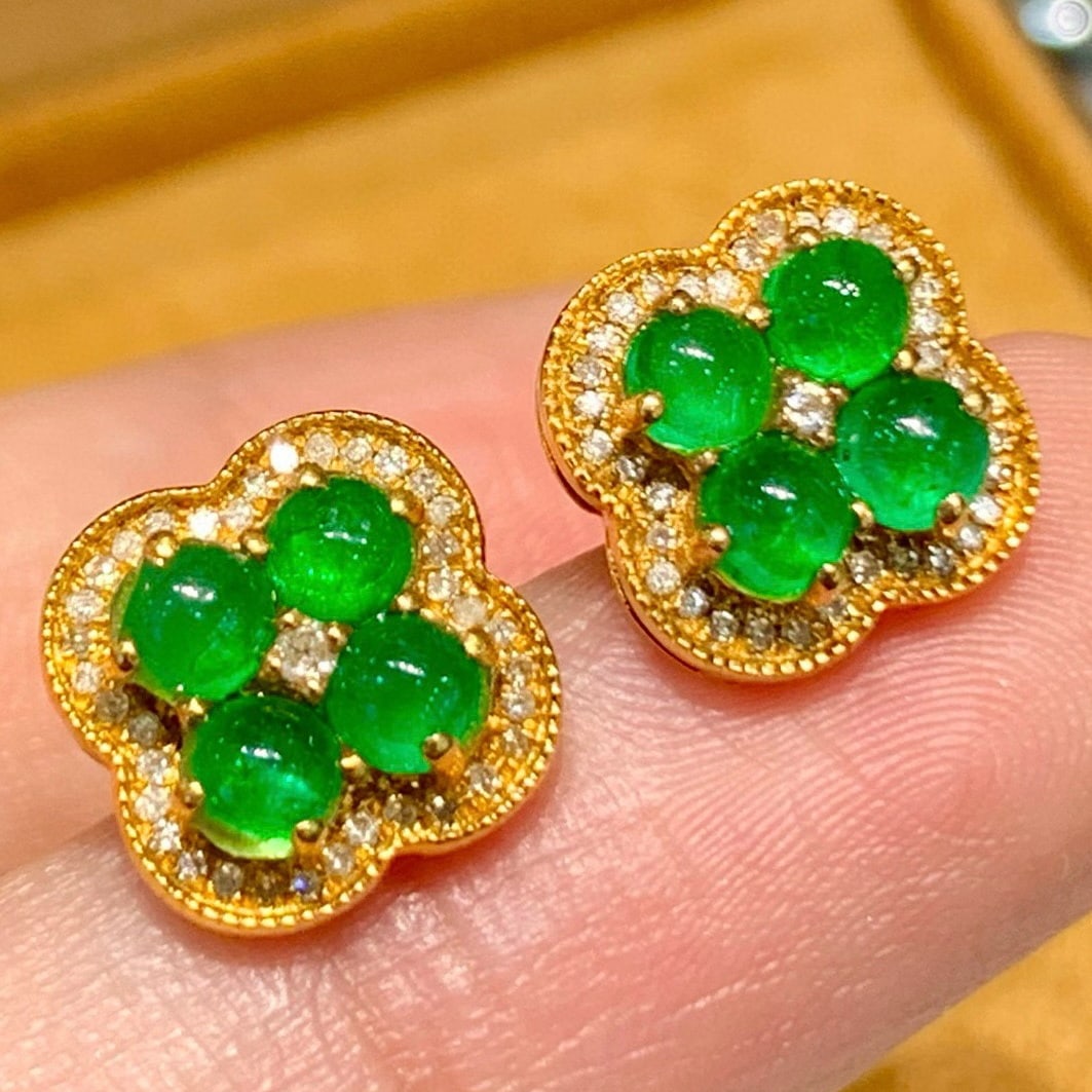 14k Gold 1.3 Ct Natural Emerald & Diamond Earrings - 4