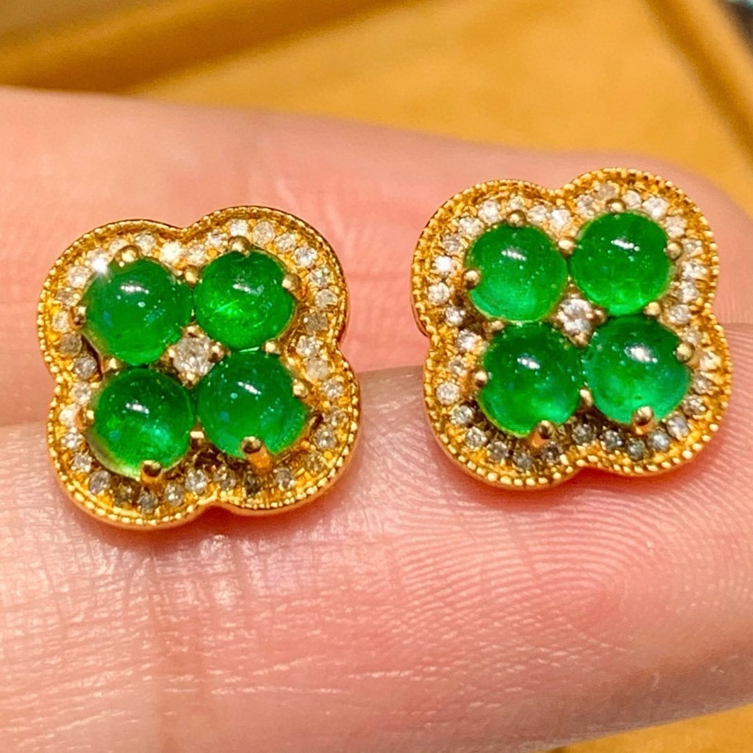 14k Gold 1.3 Ct Natural Emerald & Diamond Earrings - 5