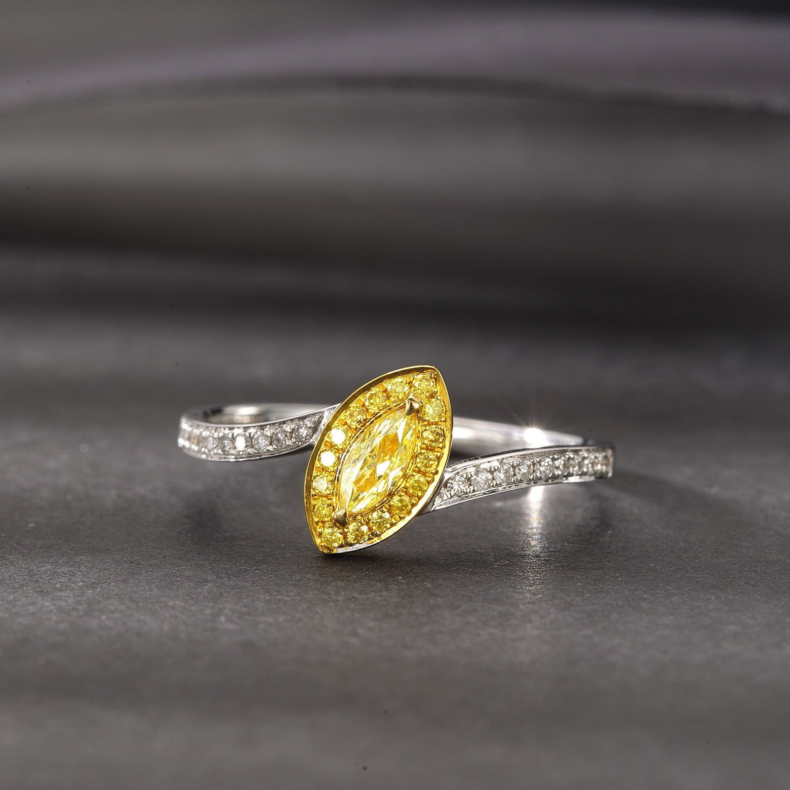 14k Gold 0.20 Ctw Natural Yellow Diamond & Diamond Ring: Ref:231166182 // gold content:14k gold // ring size:7. 25us // // main gemstone:yellow diamond // shape:marquise // carat weight:0. 08ct // color:yellow // treatment:natural // // adjacent gemstone 2