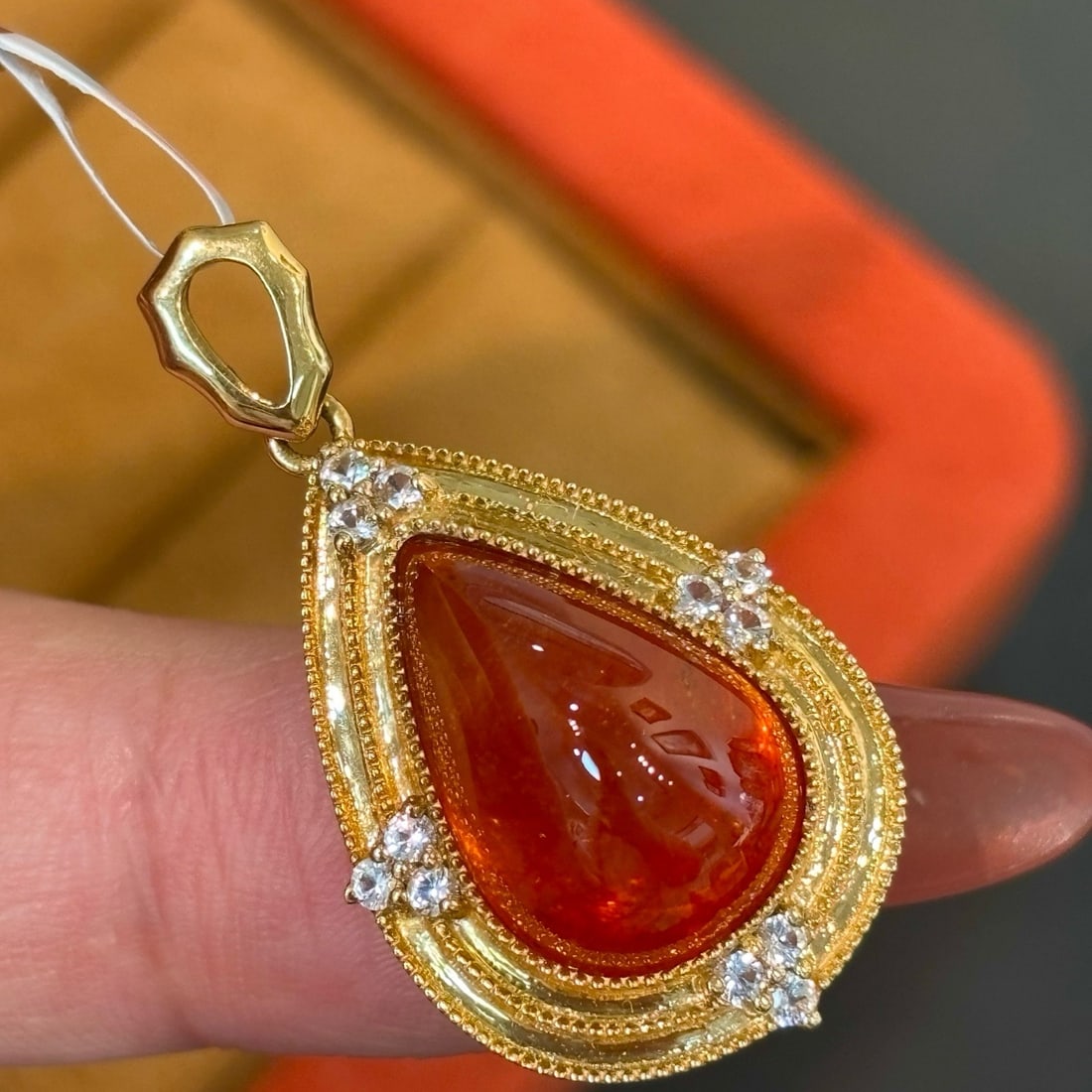 14k Gold 7 Ct Natural Spessartine & Sapphire Pendant( Without Chain ) - 2
