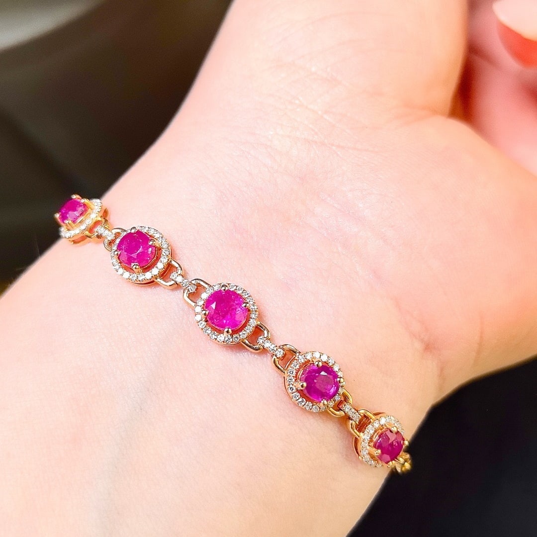 14k Gold 3.07 Ctw Natural Ruby & Diamond Bracelet - 7