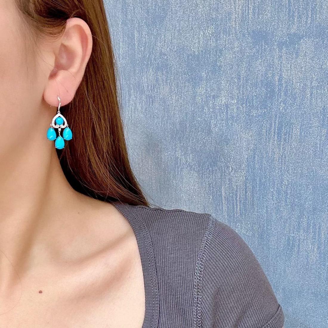 14k Gold 9.22 Ctw Natural Blue Turquoise & Diamond Earrings - 3