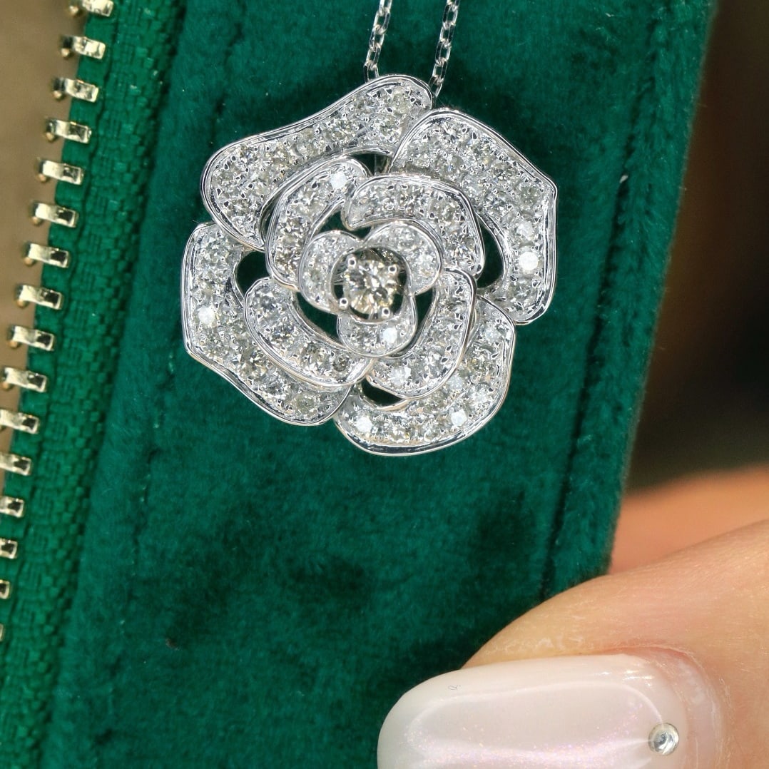 14k Gold 1 Ct Natural H Diamond & Flowers Necklace - 2