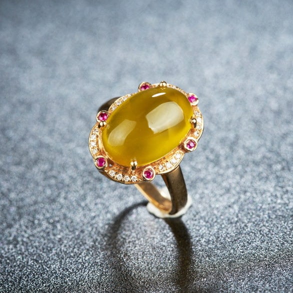 14k Gold 6.15 Ct Natural Prehnite & Diamond & Ruby Ring - 7