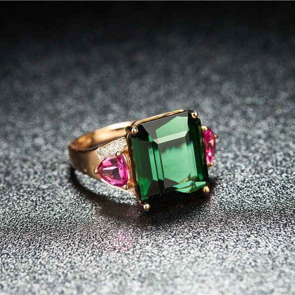 14k Gold 8.3 Ct Natural Tourmaline & Diamond & Tourmaline Ring - 2