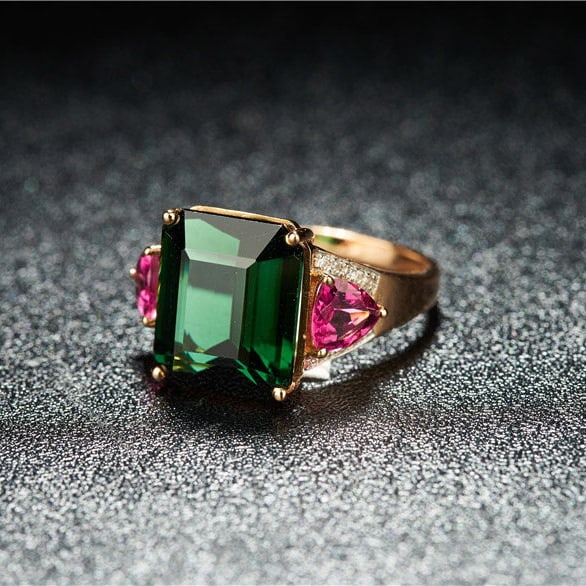 14k Gold 8.3 Ct Natural Tourmaline & Diamond & Tourmaline Ring - 3