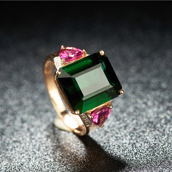 14k Gold 8.3 Ct Natural Tourmaline & Diamond & Tourmaline Ring - 7