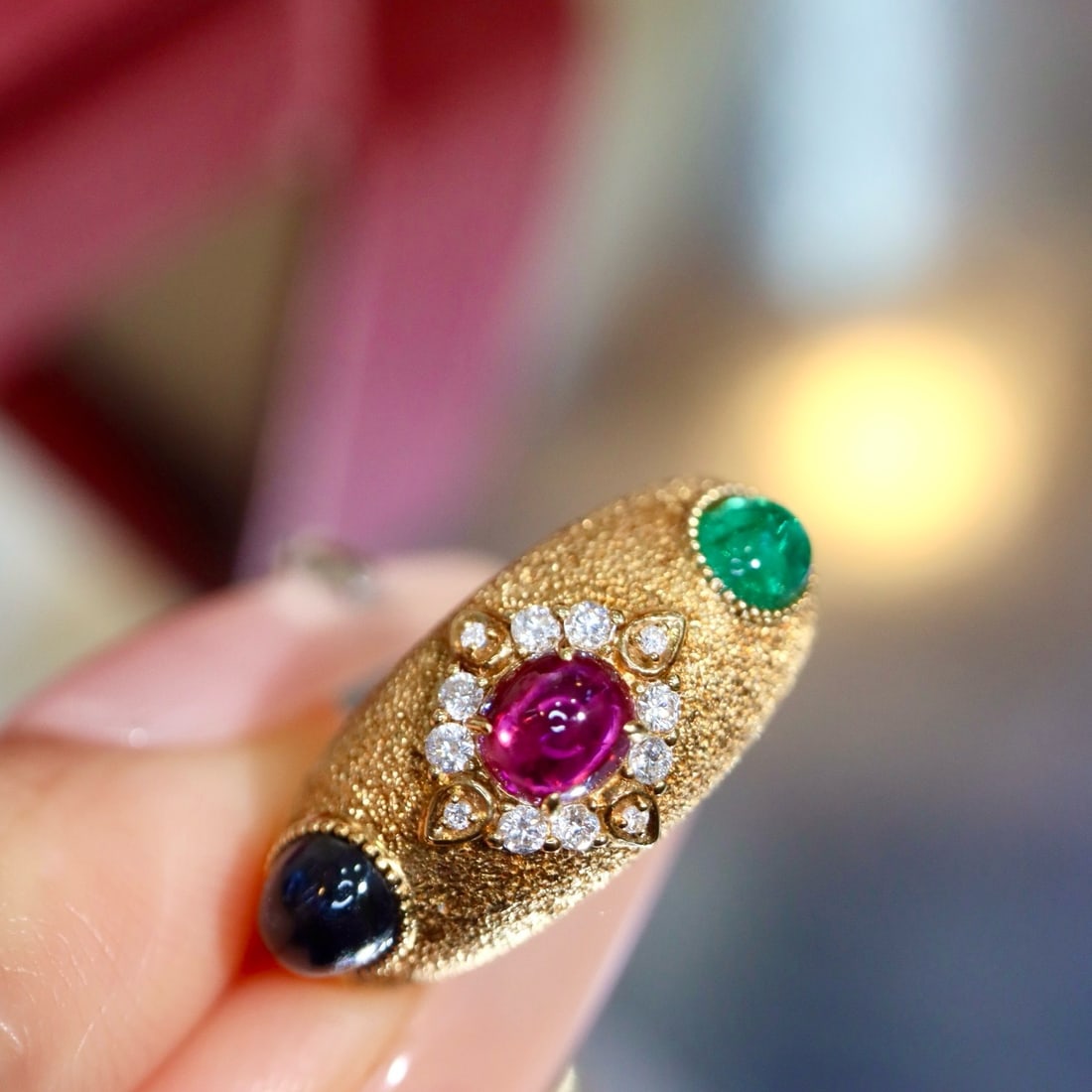 14k Gold 2.11 Ctw Natural Ruby & Sapphire & Emerald & Diamond Ring - 3