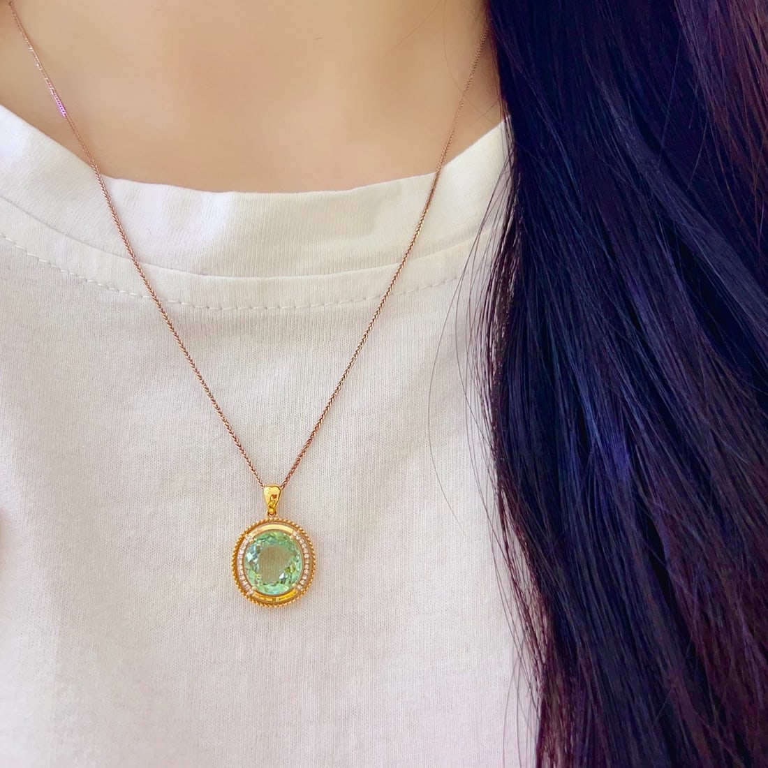 14k Gold 3.57 Ctw Natural Tourmaline & Diamond Pendant( Without Chain ): Ref:231166291 // gold content:14k gold // main gemstone:tourmaline // shape:oval // carat weight:3. 5ct // color:green // treatment:natural // // adjacent gemstone 2 : diamond // number of stones:24