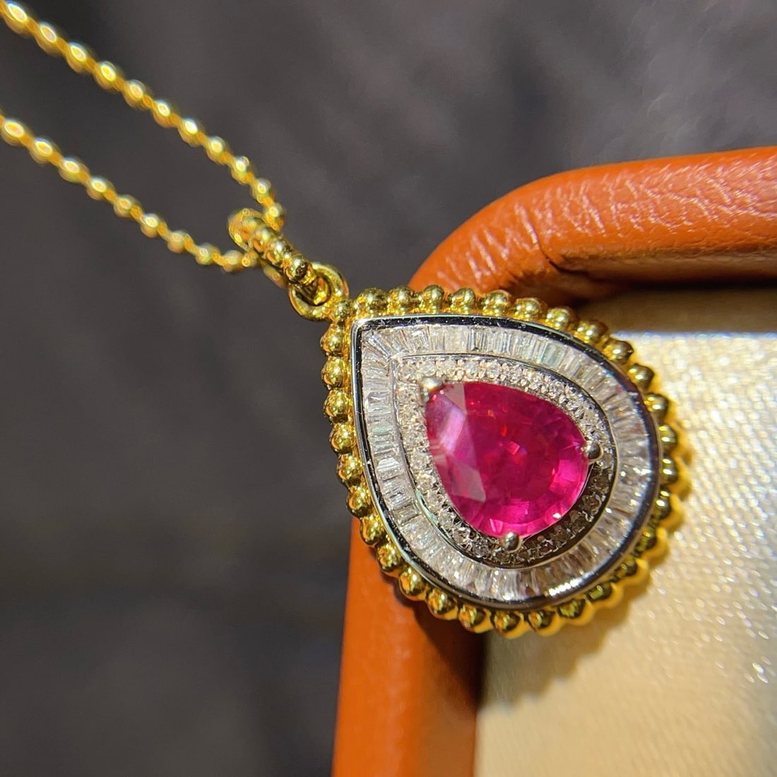 14k Gold 1.10 Ct Natural Ruby & Diamond Pendant( Without Chain ): Ref:231166336 // gold content:14k gold // main gemstone:ruby // shape:pear // carat weight:1. 10ct // color:red // treatment:natural // // adjacent gemstone 2 : diamond // number of stones:76 // shape