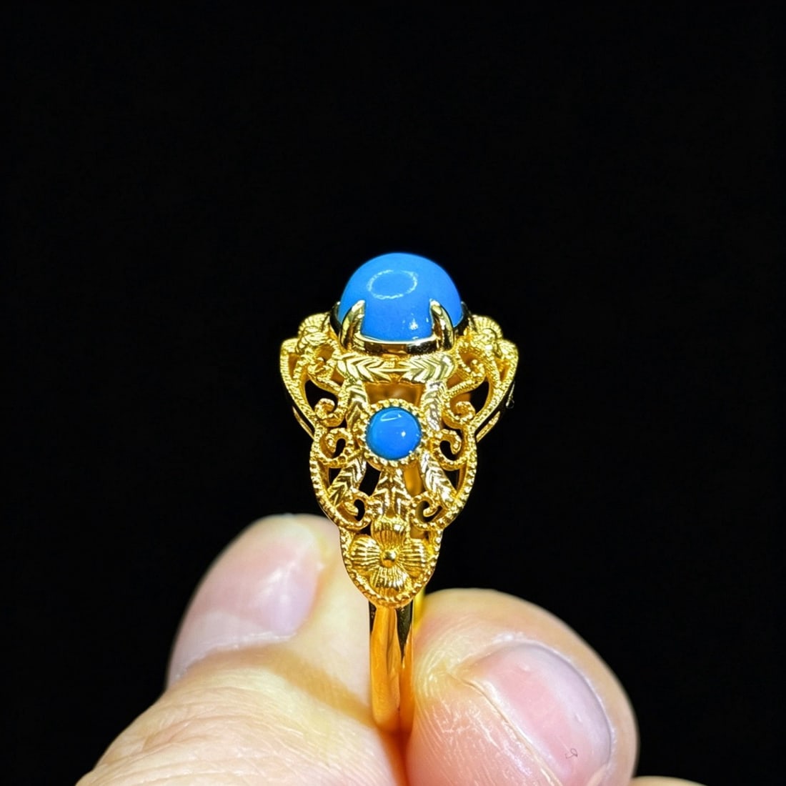 14k Gold 1.27 Ct Natural Blue Turquoise Ring - 4