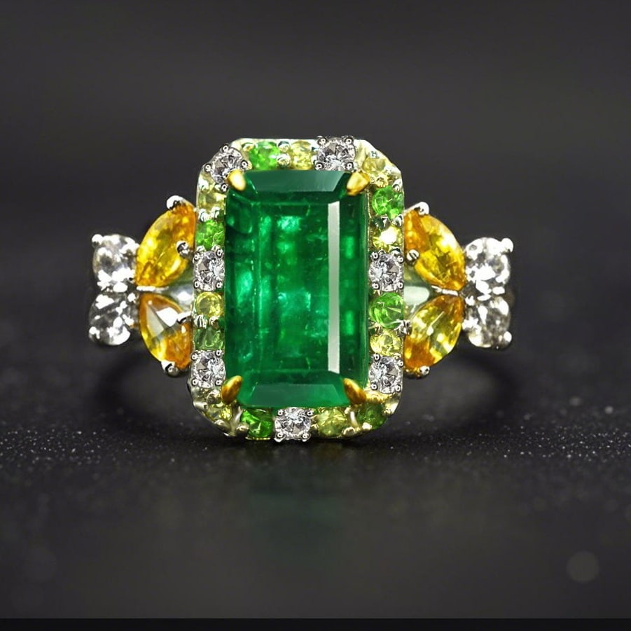 14k Gold 2.44 Ctw Natural Emerald & Sapphire Ring: Ref:231166362 // gold content:14k gold // ring size:7. 25us // // main gemstone:emerald // shape:octagonal // carat weight:2. 01ct // color:green // treatment:natural // // adjacent gemstone 2 :