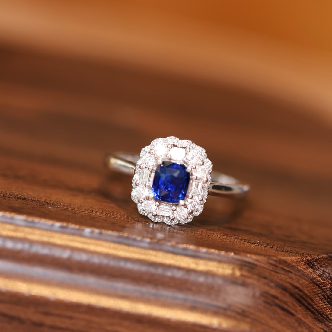 14k Gold 1.51 Ctw Natural Sapphire & Diamond Ring: Ref:231166388 // gold content:14k gold // ring size:7. 25us // // main gemstone:sapphire // shape:cushion // carat weight:1. 03ct // color:blue // treatment:natural // // adjacent gemstone 2 :