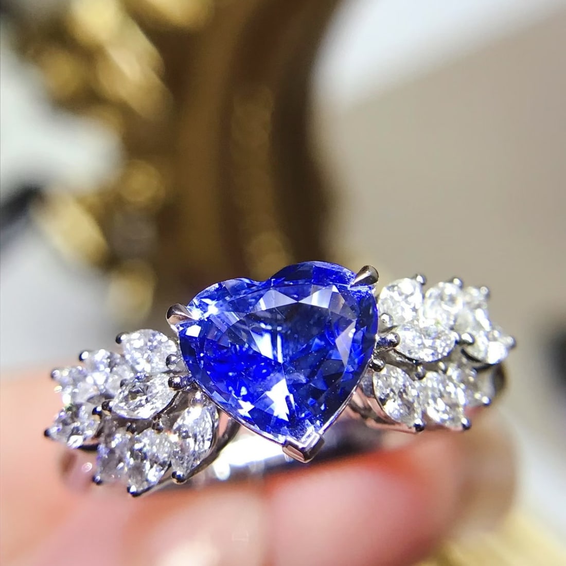 14k Gold 2.01 Ctw Natural Sapphire & Diamond Ring: Ref:231166389 // gold content:14k gold // ring size:7. 25us // // main gemstone:sapphire // shape:heart // carat weight:1. 51ct // color:cornflower blue // treatment:natural // // adjacent gemstone 2