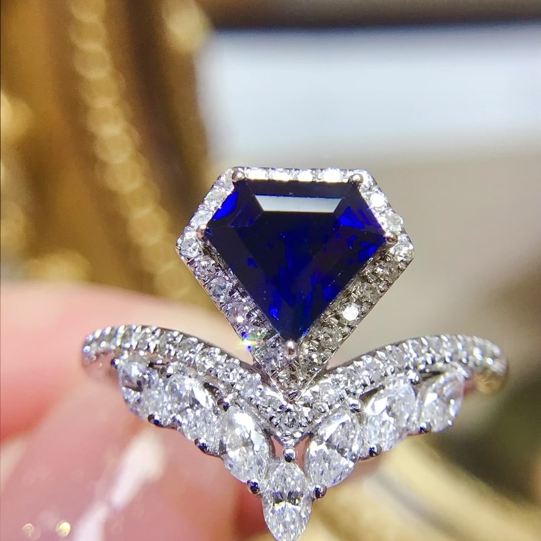 14k Gold 2.25 Ctw Vivid Blue Natural Sapphire & Diamond Ring: Ref:231166390 // gold content:14k gold // ring size:7. 25us // // main gemstone:sapphire // shape:other // carat weight:1. 49ct // color:vivid blue // treatment:natural // // adjacent gemstone 2 :