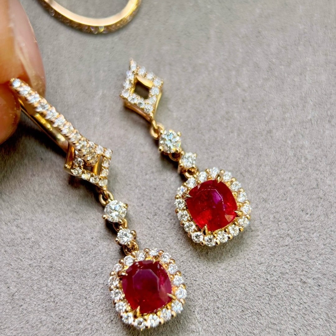 14k Gold 3.13 Ctw Natural Ruby & Diamond Earrings/pendant( Without Chain ) - 2