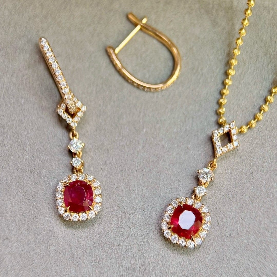 14k Gold 3.13 Ctw Natural Ruby & Diamond Earrings/pendant( Without Chain ) - 4
