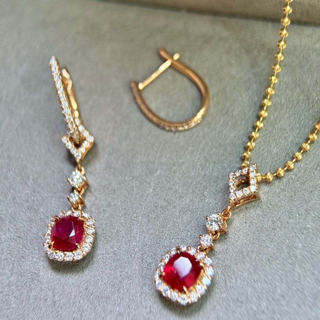 14k Gold 3.13 Ctw Natural Ruby & Diamond Earrings/pendant( Without Chain ) - 5