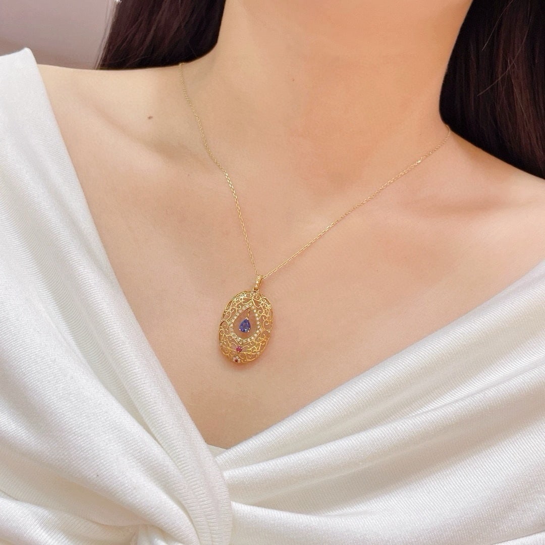 14k Gold 0.62 Ctw Natural Sapphire & Diamond Pendant( Without Chain ): Ref:231166397 // gold content:14k gold // main gemstone:sapphire // shape:pear // carat weight:0. 42ct // color:blue // treatment:natural // // adjacent gemstone 2 : diamond // shape:round // carat