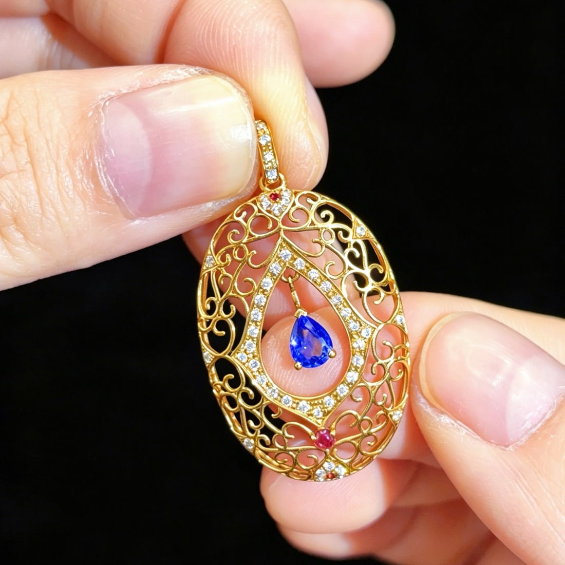 14k Gold 0.62 Ctw Natural Sapphire & Diamond Pendant( Without Chain ) - 2
