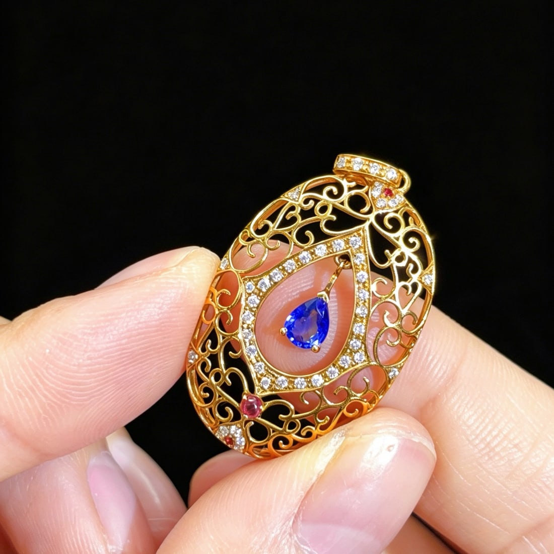 14k Gold 0.62 Ctw Natural Sapphire & Diamond Pendant( Without Chain ) - 3
