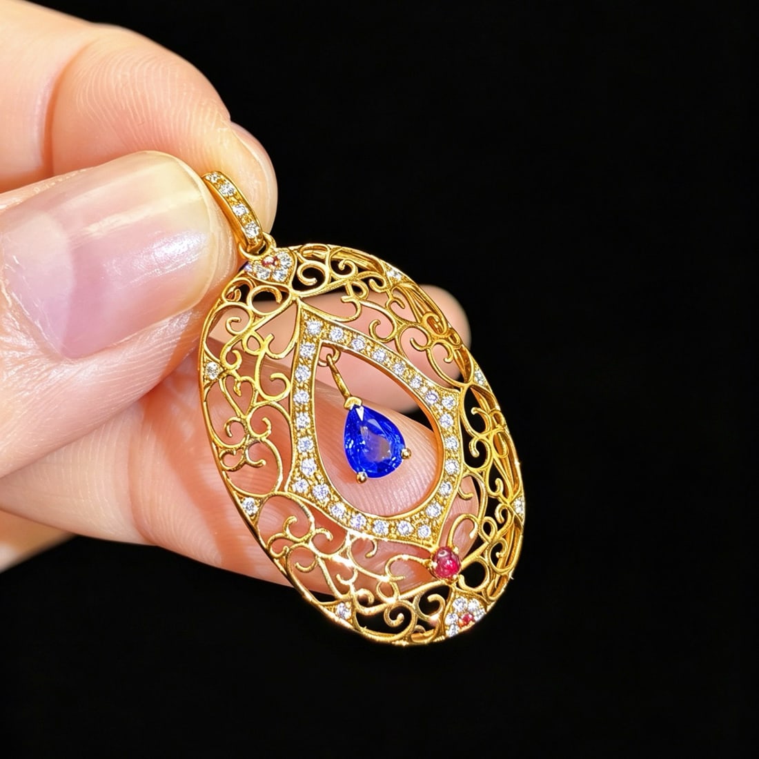 14k Gold 0.62 Ctw Natural Sapphire & Diamond Pendant( Without Chain ) - 4