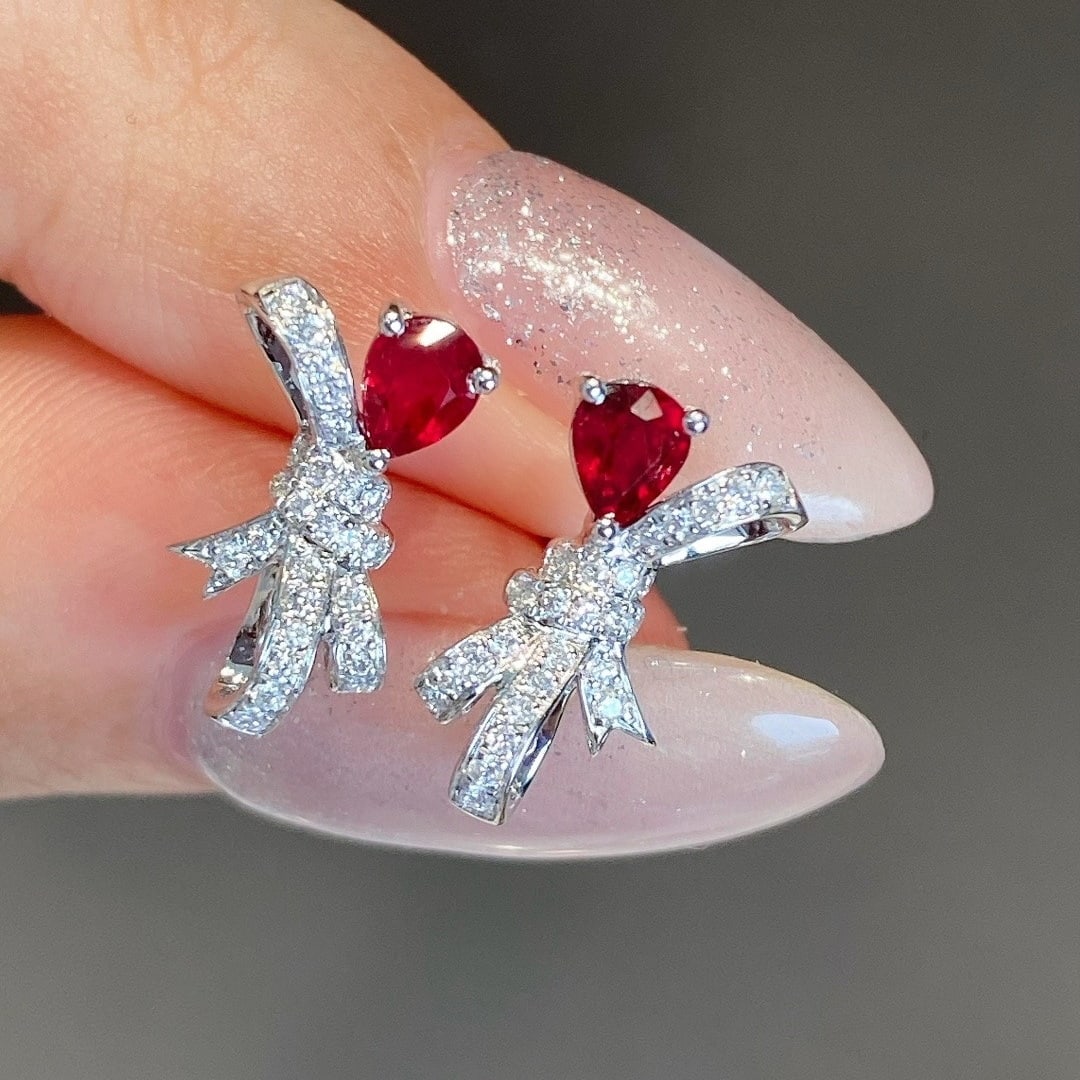 14k Gold 0.85 Ctw Natural Ruby & Diamond Earrings - 3