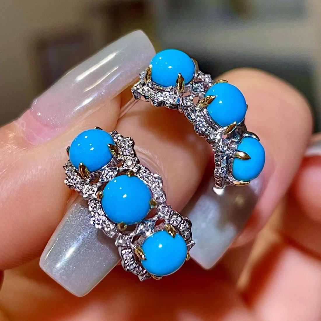 14k Gold 3.54 Ctw Natural Blue Turquoise & Diamond Earrings - 3
