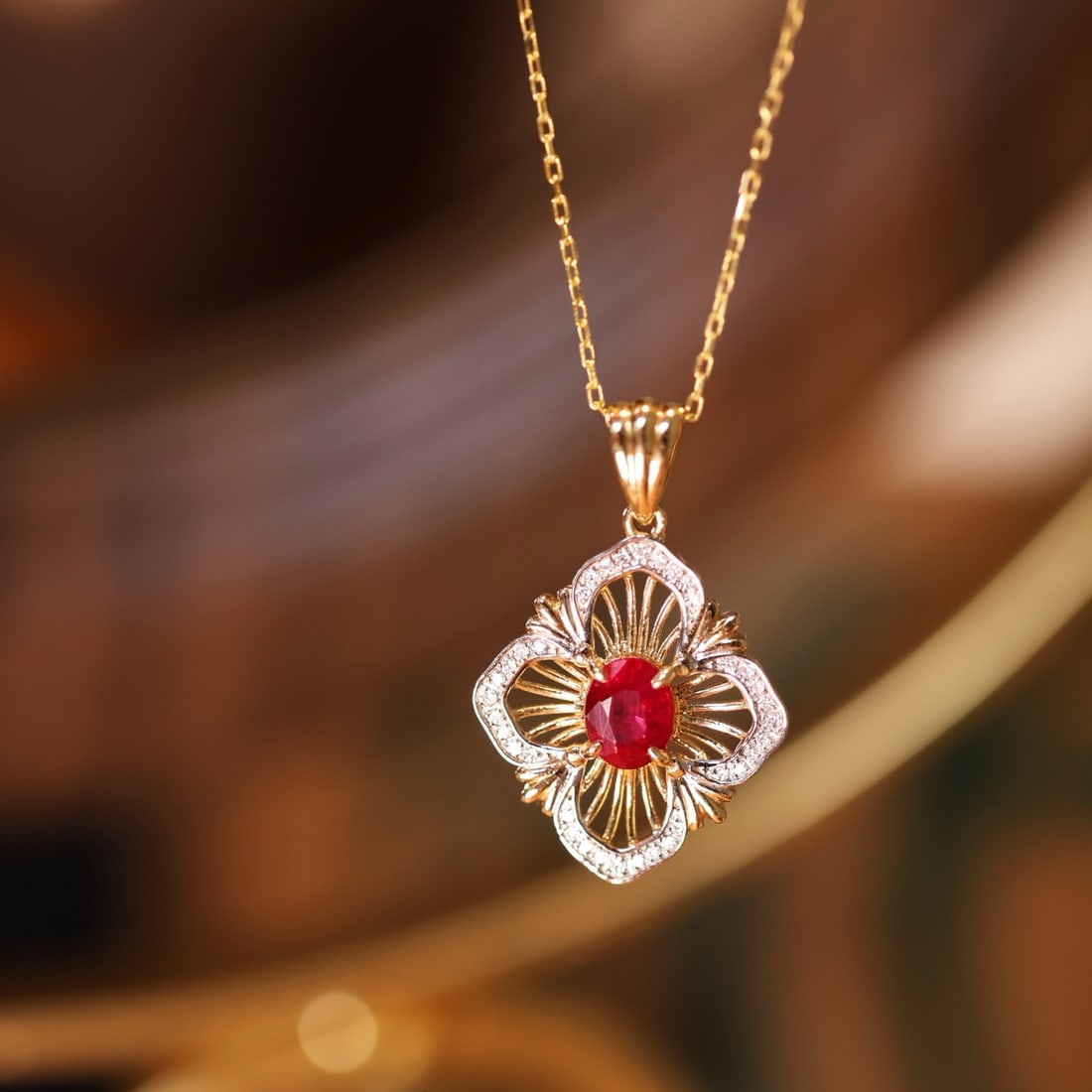 14k Gold 0.53 Ctw Natural Ruby & Diamond Pendant( Without Chain ): Ref:231166411 // gold content:14k gold // main gemstone:ruby // shape:oval // carat weight:0. 45ct // color:red // treatment:natural // // adjacent gemstone 2 : diamond // shape:round // carat