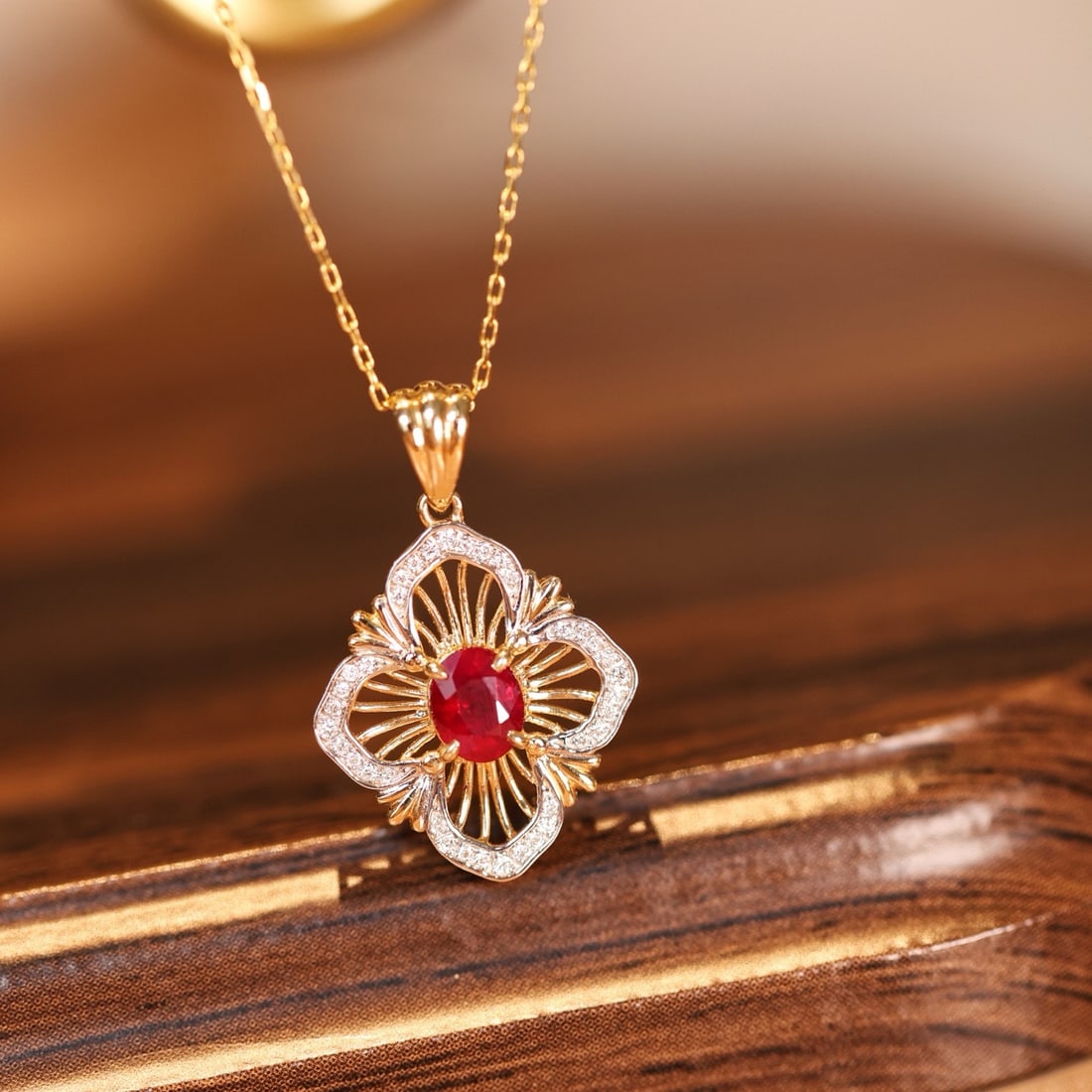 14k Gold 0.53 Ctw Natural Ruby & Diamond Pendant( Without Chain ) - 2