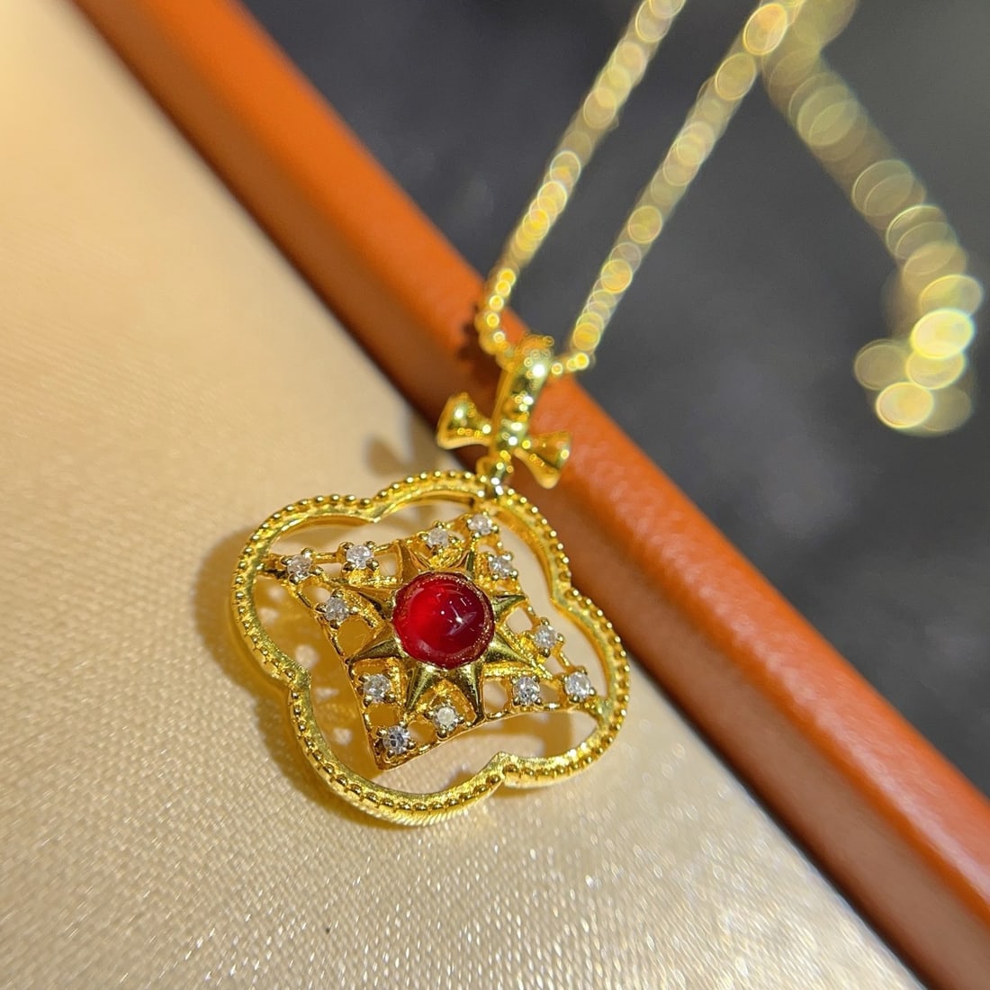 14k Gold 0.40 Ct Natural Ruby & Diamond Pendant( Without Chain ) - 2