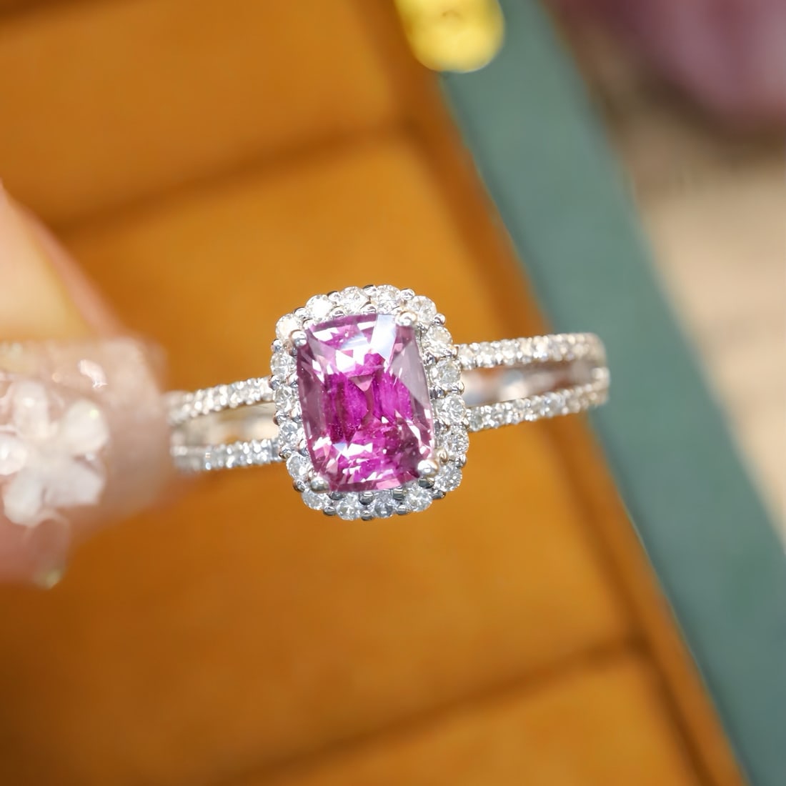 14k Gold 1.44 Ctw Natural Sapphire & Diamond Ring: Ref:231166448 // gold content:14k gold // ring size:7. 25us // // main gemstone:sapphire // shape:cushion // carat weight:1. 12ct // color:purplish pink // treatment:natural // // adjacent gemstone 2