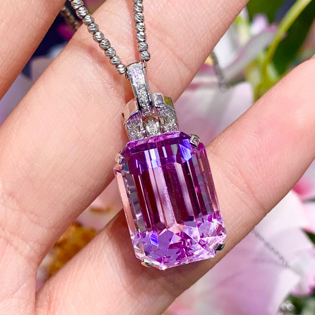 14k Gold 22 Ct Natural Kunzite & Diamond Pendant( Without Chain ) - 3