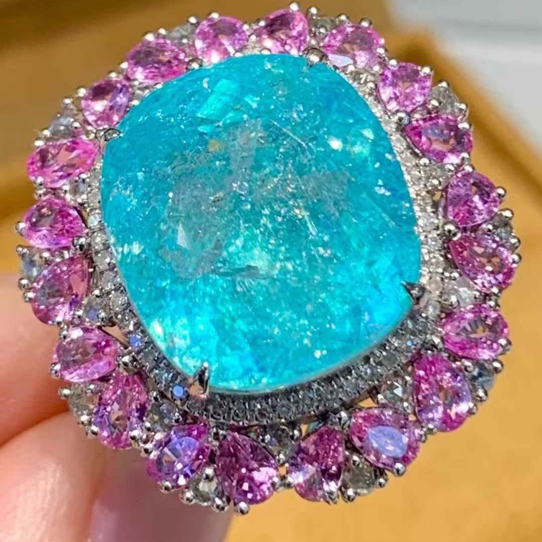 14k Gold 14.3 Ct Natural Paraiba Tourmaline & Diamond & Sapphire Ring - 5
