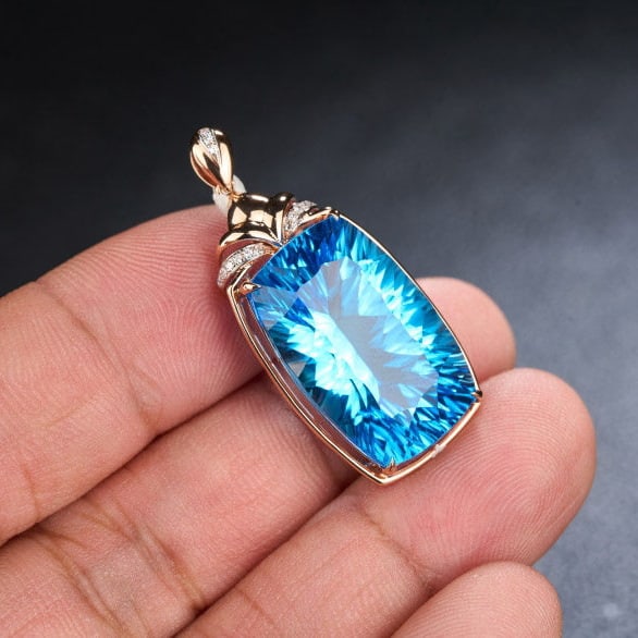 14k Gold 24.59 Ct Natural Topaz & Diamond Pendant( Without Chain ) - 6