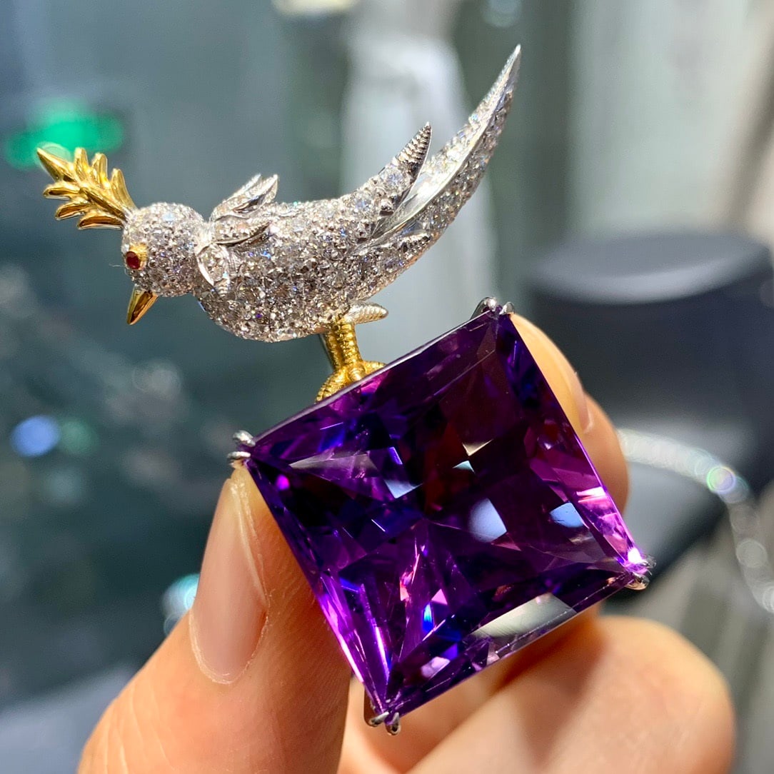 14k Gold 24.68 Ctw Natural Amethyst & Diamond Brooch/pendant( Without Chain ) - 4