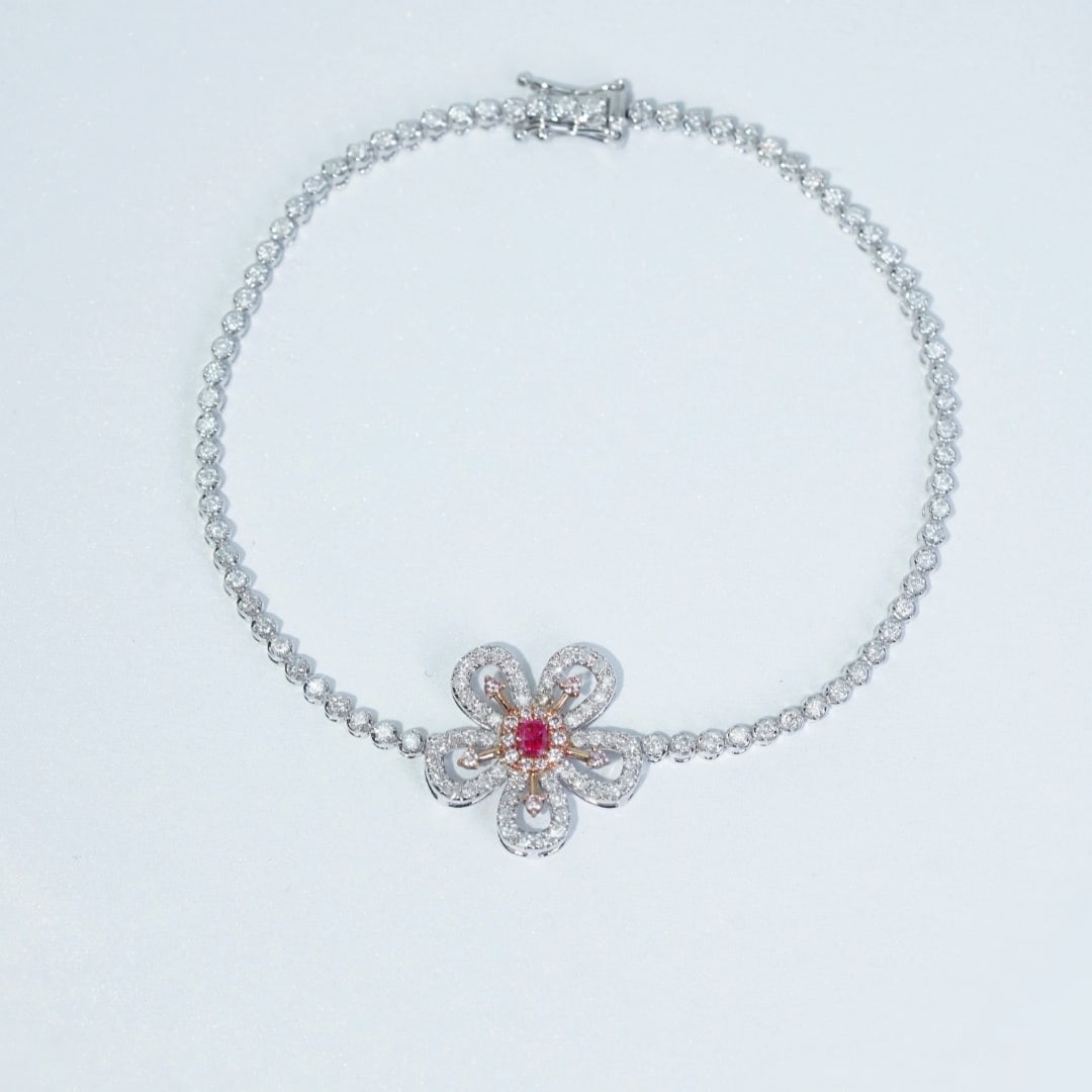 14k Gold 1.50 Ctw Natural Pink Diamond & Diamond & Flowers Bracelet - 3