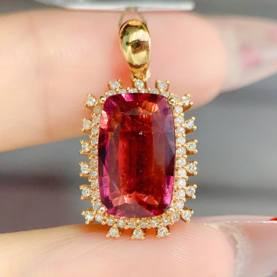 14k Gold 3.82 Ctw Natural Tourmaline & Diamond Pendant( Without Chain ) - 3