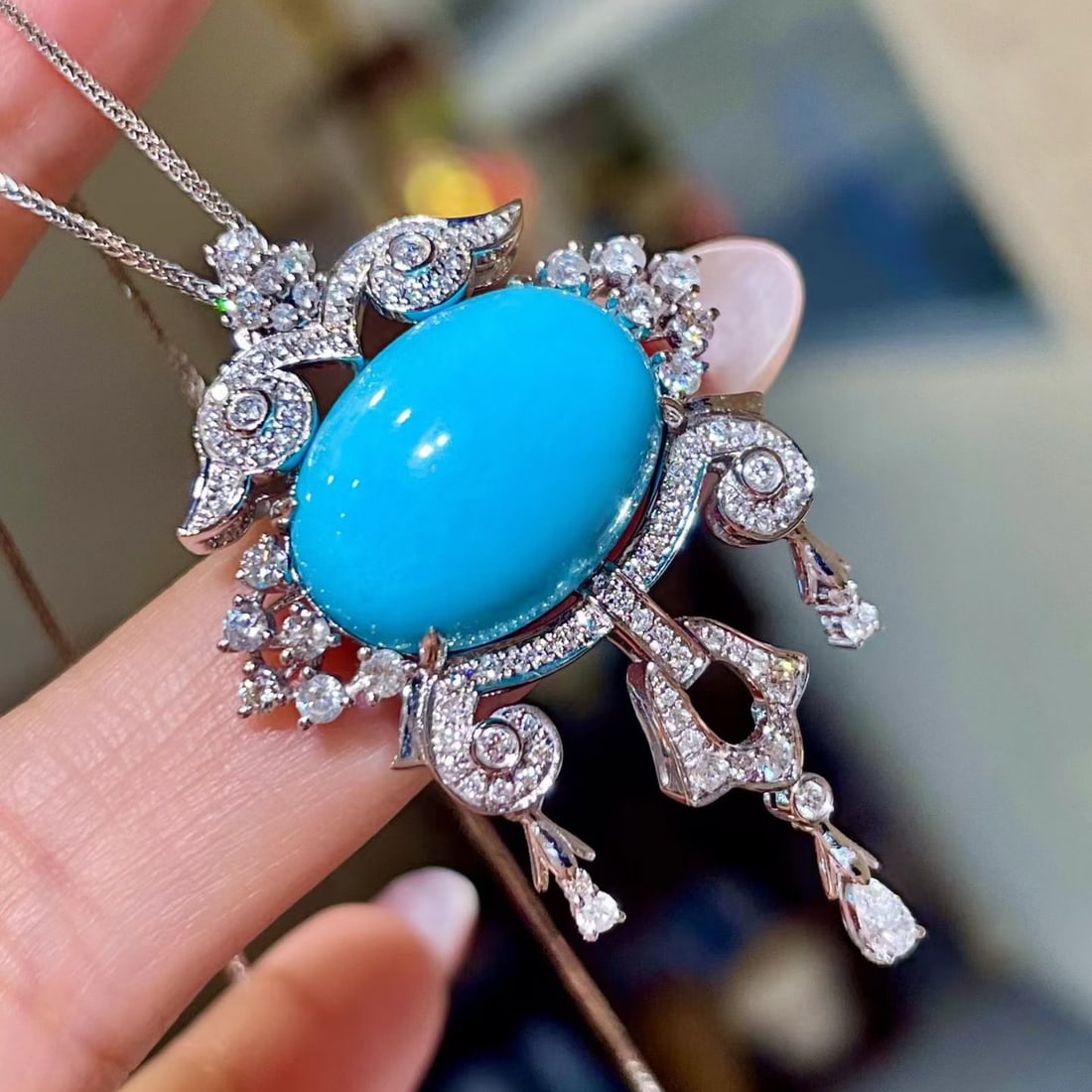 14k Gold 13.43 Ctw Natural Blue Turquoise & Diamond Pendant( Without Chain ) - 3