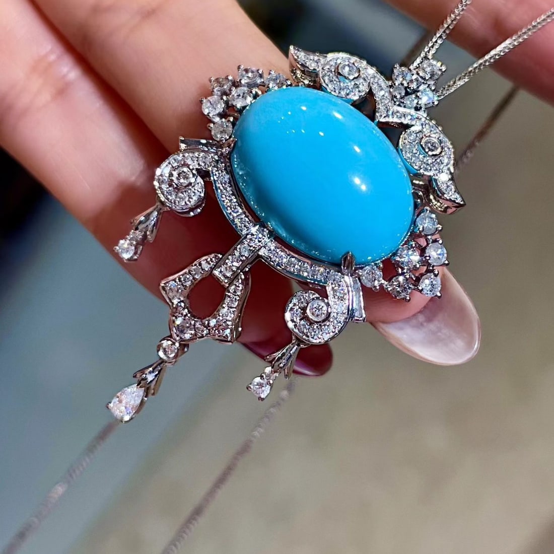14k Gold 13.43 Ctw Natural Blue Turquoise & Diamond Pendant( Without Chain ) - 4