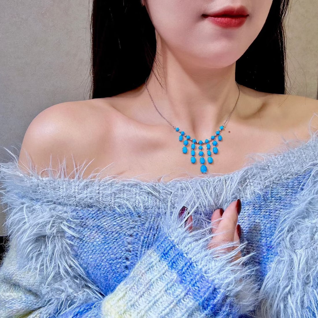 14k Gold 13.37 Ctw Natural Blue Turquoise & Diamond Necklace - 4