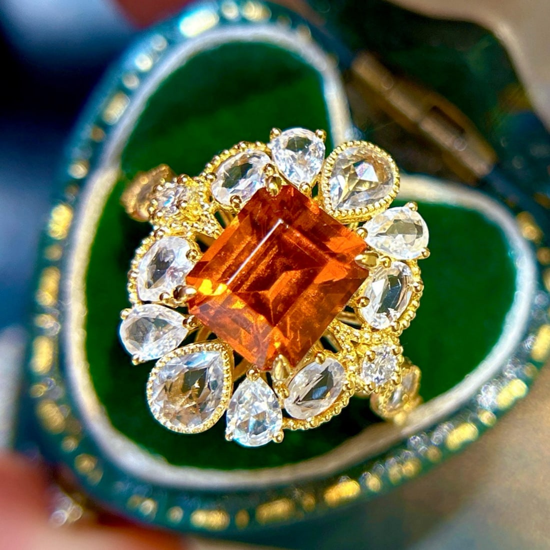 14k Gold 4.14 Ctw Natural Spessartine & Sapphire Ring: Ref:231169022 // gold content:14k gold // ring size:7. 25us // // main gemstone:spessartine // shape:octagonal // carat weight:2. 85ct // color:orange // treatment:natural // // adjacent gemstone 2 :