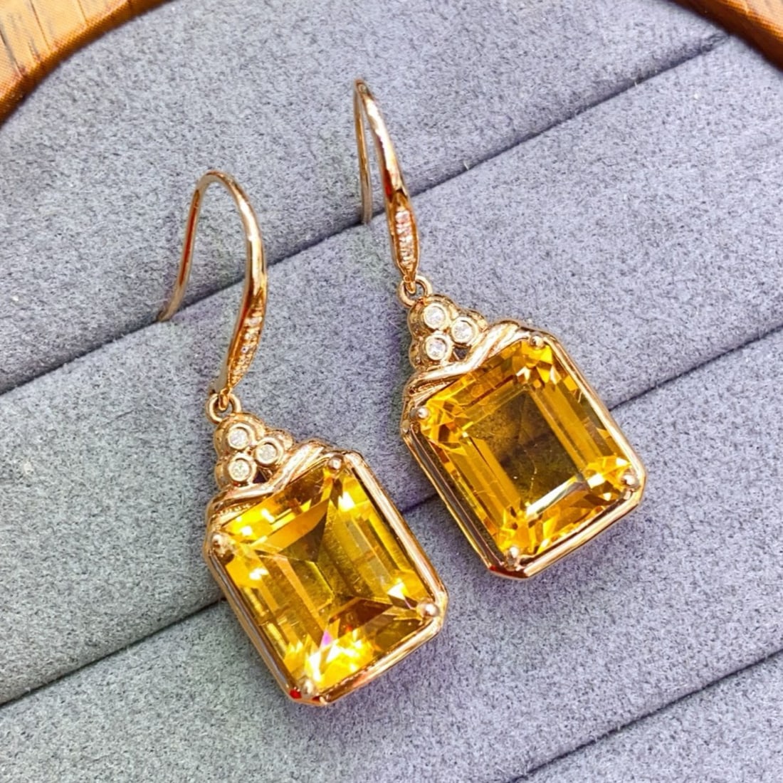 14k Gold 9.2 Ct Natural Citrine & Diamond Earrings - 2